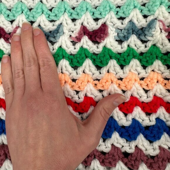 Vintage Afghan Throw Blanket Crocheted Handmade Fringe Rainbow Stripes Retro - Picture 9 of 9